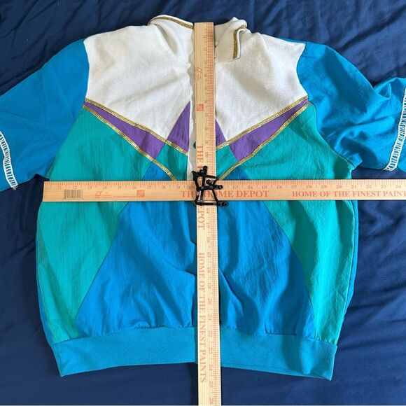 Teddi Vintage 80’s White and Teal Half Button Up Shirt with Shoulder Pads - Picture 7 of 7